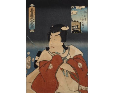 Farbholzschnitt Kunisada UtagawaJapan, Mitte 19. Jh., signiert, gestempelt sowie bezeichnet, Farbholzschnitt auf Japanpapier,