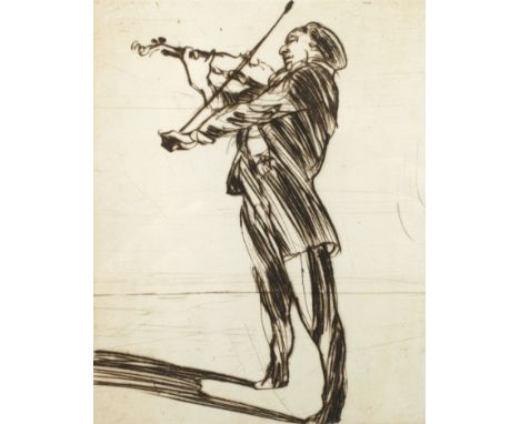 Claude Weisbuch, Geigerexpressive Darstellung eines stehenden, Violine spielenden Mannes, Radierung, links unter der Platte n