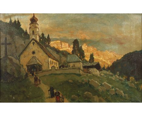 Julius von Kaan-Albest, "Tirol: Alte Häuser"sommerliche Szene in den Südtiroler Dolomiten mit Bauern der Pfarrkirche St. Vigi