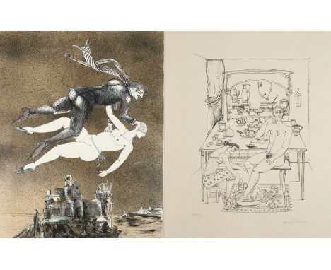 Bele Bachem, Zwei Graphikenschwebendes Paar über bebauter Insel, Farblithographie auf Velin, um 1990, unter der Darstellung i