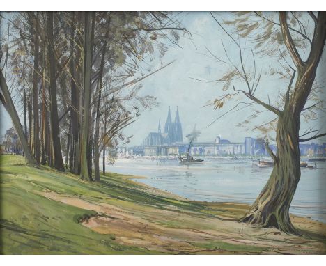 Franz Josef Blaschke, Ansicht KölnBlick vom Ufer des Rheins auf den Kölner Dom an einem sonnigen Herbsttag, auf dem Fluss reg