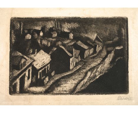 Jakob Steinhardt, Litauische Dorfstraßekleine, an einer Straße aufgereihte Häuser in dunkler bergiger Landschaft, Radierung m