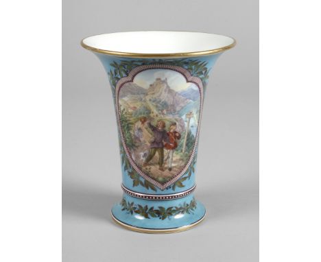 Meissen Trichtervase Landschaftsidyllunterglasurblaue Knaufschwertermarke 1860-1924, viermal gestrichen, geprägte Modell- und