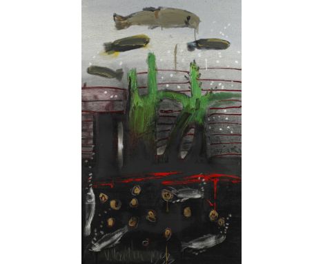Vidmanta Vaitkevicius, Welt der Fischeabstrakte Unterwasserlandschaft mit Fischen, in leuchtender Farbigkeit, mit breitem Pin