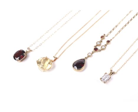 Four gold and gem pendants and chain. Comprising; a modern pear-shaped garnet and cultured half-pearl pendant necklace, on a 