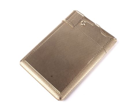 An Asprey &amp; Co 9ct gold cased pocket lighter. The slim case with all-over engine turning, the petrol mechanism marked 'As