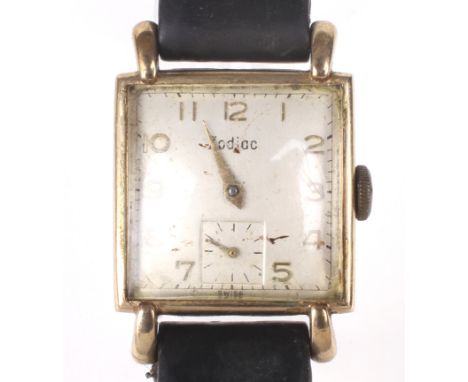 A vintage 9ct gold cased Zodiac wristwatch. The square dial with Arabic numerals denoting hours, manual wind movement, on a l