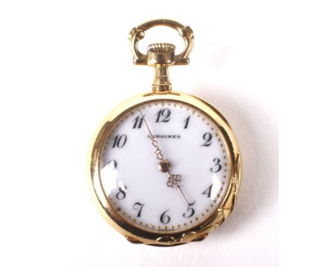 An 18ct gold cased Longines fob watch. The enamel dial with Arabic numerals denoting hours, the case back with cast water lil