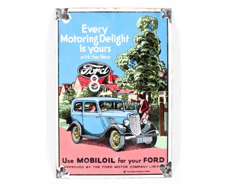 A Ford enamel advertising sign. Of rectangular form, marked 'Every Motoring Delight is Yours with the New Ford 8', W18cm x H2