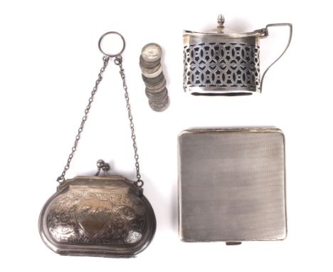 A silver cigarette case, a mustard pot and a coin purse. The engine turned cigarette case hallmarked Birmingham, 1926, makers