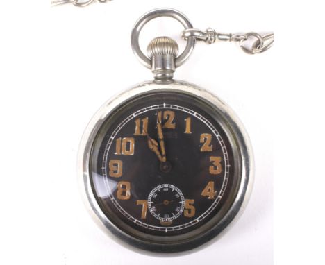 A WWII era stainless steel cased military open faced pocket watch. The black dial with Arabic numerals denoting hours, the 17