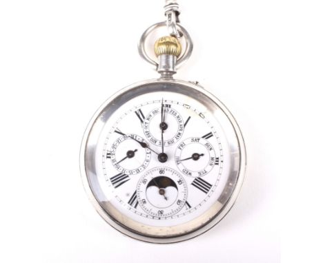 An Edwardian silver cased open face pocket watch with moonphase complication. The enamel dial with Roman numerals denoting ho