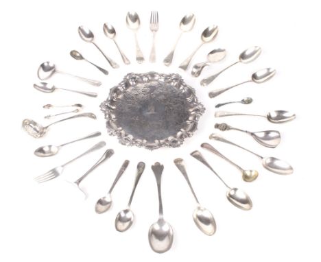 An assortment of silver teaspoons &amp; silver plated tableware. Including a Victorian plated small footed salver, engraved w
