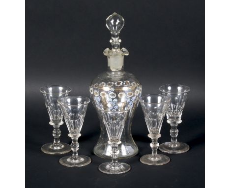 Five early 19th century ale glasses and a decanter. The glass with tapering conical bowls panel cut, the late 19th century Co