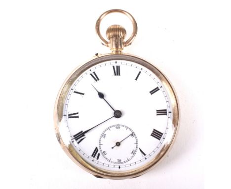 A 20th century 12ct gold cased open face pocket watch. The enamel dial with Roman numerals denoting hours, seconds subsidiary