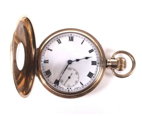 A 20th century Dennison cased half hunter pocket watch. The enamel dial with Roman numerals denoting hours, seconds subsidiar