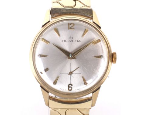 A vintage 9ct gold cased Helvetia gentlemans wristwatch. The silvered dial with raised gilt batons denoting hours, Arabic mar