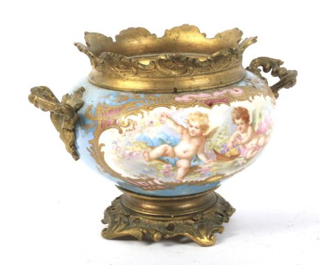 A gilt-metal mounted Sevres-style turquoise ground compressed globular jardiniere. Decorated with putti amongst flowers, with