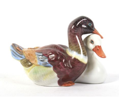 Pair of 20th century Herend porcelain figures of ducks. Naturalistically modelled, one with brightly coloured feathers and th