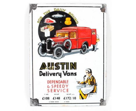 An 'Austin Delivery Vans' enamel advertising sign. Of rectangular form, W19cm x H26cm Condition Report: Has significant wear 