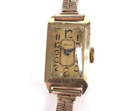 A vintage ladies 18ct gold cased cocktail wristwatch. The rectangular dial with Arabic numerals denoting hours, marked 'Arya'