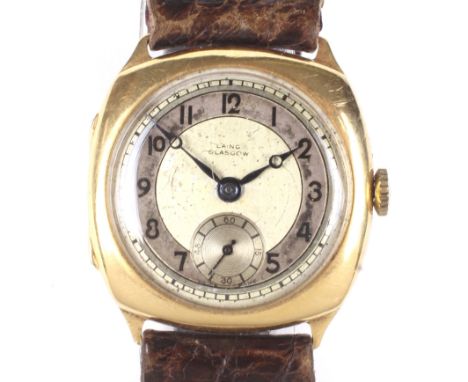 A mid century 18ct gold cased manual wind wristwatch, retailed by Laing Glasgow. The circular dial with Arabic numerals denot