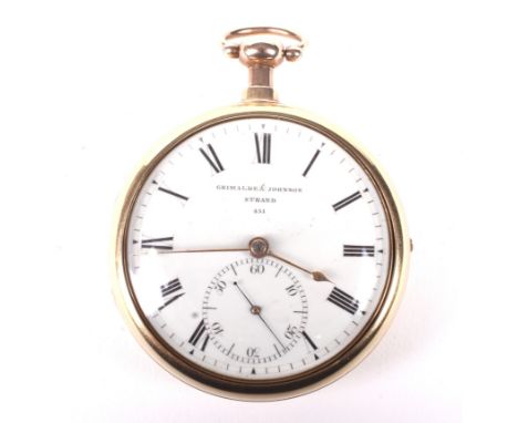 A George III 18ct gold cased pocket watch by Grimalde &amp; Johnson, Strand. The signed enamel dial with Roman numerals denot