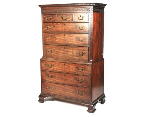 George III mahogany oak lined chest on chest. Having later secretaire drawer modification to the lower upper drawer the upper