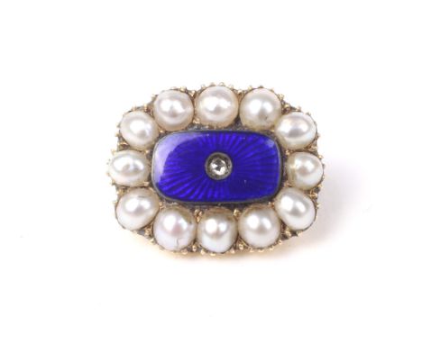 An early 19th century gold, pearl and blue enamel oblong brooch. The dark-blue enamelled panel centred with a small rose diam