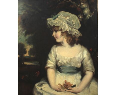British School, a portrait of a young girl in landscape in the style of Joshua Reynolds. 18th/19th Century, some later retouc