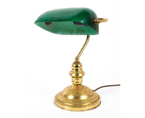 A 20th century brass banker's desk lamp. With cased green glass shade, on brass stem and stepped domed base, approx. 38cm hig