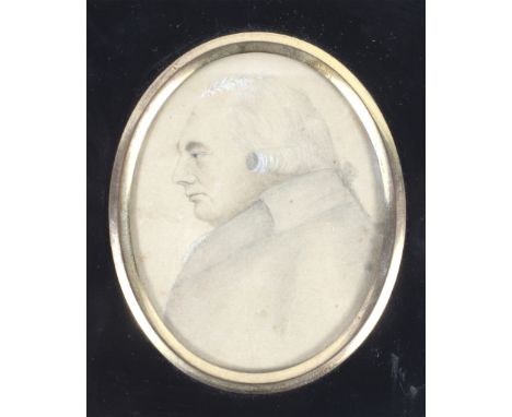 A Georgian framed miniature pencil portrait of a gentleman. Looking to the left with his hair curled and heightened in white,