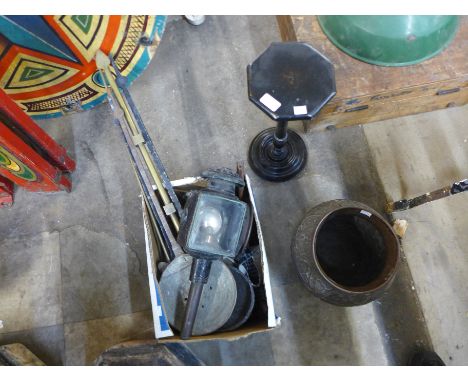 A carriage lamp, chestnut roaster, copper jardiniere, etc. 