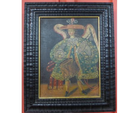 A 16th Century style portrait of a boy with drum, oil on canvas, 38 x 28cms, framed 