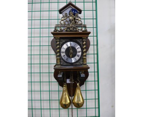 A Dutch mahogany wall clock with two brass pear weights 