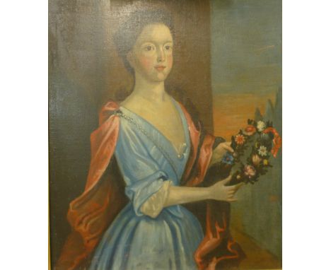 A portrait of an 18th-century lady holding flowers, oil on canvas, unsigned 