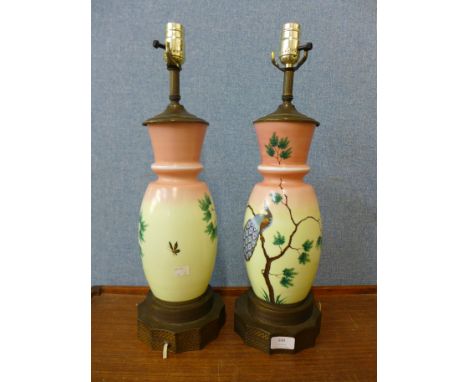 A pair of French Art Nouveau style painted glass table lamp bases 