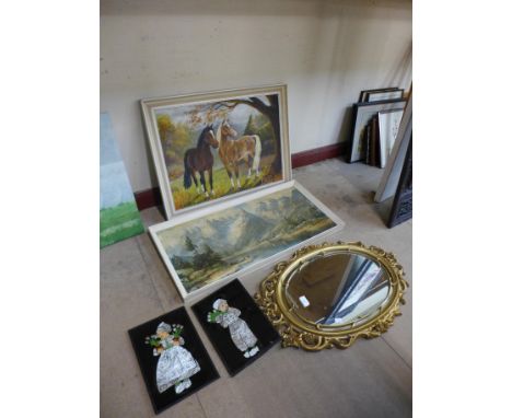 J. Elliott, study of two horses, oil on board, a mirror and a print 