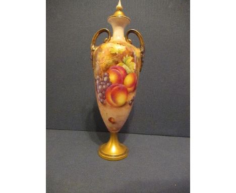 A Royal Worcester covered slender vase, decorated with hand painted fruit by Freeman, shape 2710/2, height 13insCondition Rep