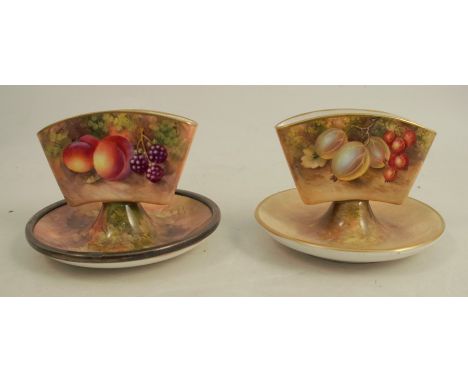 Two Royal Worcester cigarette holders, decorated with hand painted fruit, one signed H Aryton, the other one having a silver 