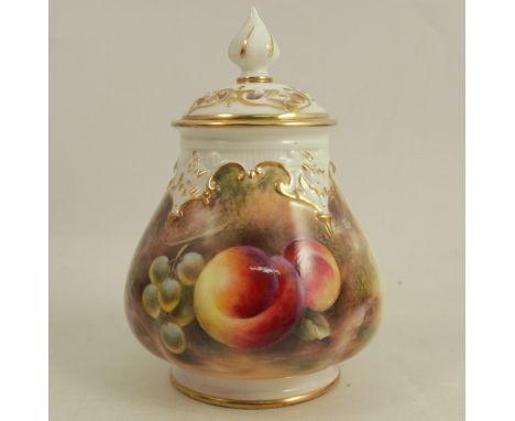 A Royal Worcester covered vase, painted half round with hand panted fruit by Love, shape number H291, height 5.25insCondition