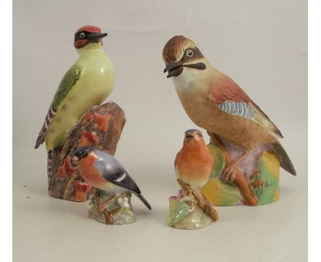 A Royal Worcester model of a Jay, shape number 3248, and a Woodpecker, shape number 3249, together with a small Chiff Chaff, 