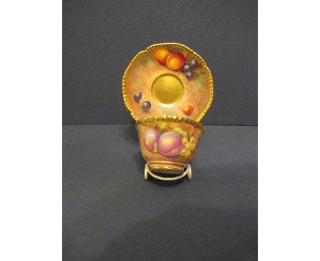 A Royal Worcester bowl and saucer, decorated with hand painted fruit by Cook and BowmanCondition Report:  Good condition