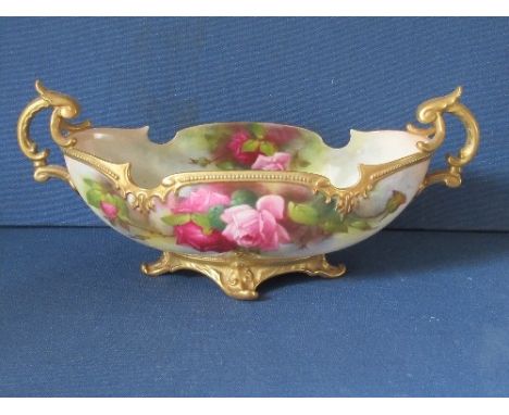 A Royal Worcester boat shaped centrepiece vase, decorated with Roses by Hill, shape H254, circa 1917, height 5.75ins x width 