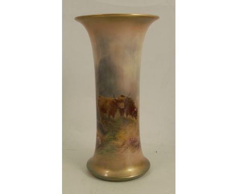 A Royal Worcester spill vase, decorated with highland cattle in a landscape by Harry Stinton, shape number G923, circa 1917, 