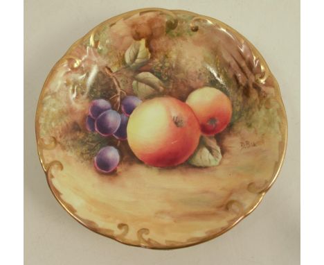A Royal Worcester circular pin dish, decorated with hand painted fruit by Bowkett, circa 1955, diameter 4insCondition Report: