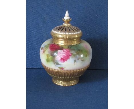 A Royal Worcester crown top pot pourri, decorated with roses, inner cover missing, shape 1286, height 8insCondition Report:  