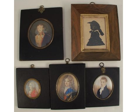 Three 19th century oval painted portrait miniatures, two of military gentlemen, together with a coloured print of Prince Albe