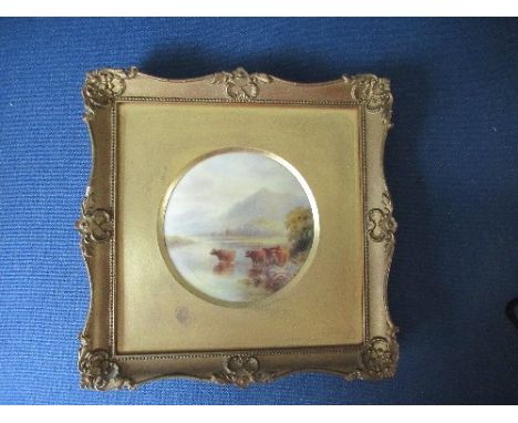 A Royal Worcester circular plaque, decorated with cattle in a loch by J Stinton, circa 1917, diameter 4.25insCondition Report