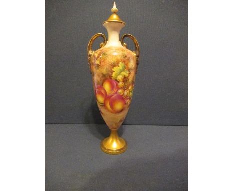 A Royal Worcester covered slender vase, decorated with hand painted fruit by Freeman, shape 2710/2, height 13insCondition Rep